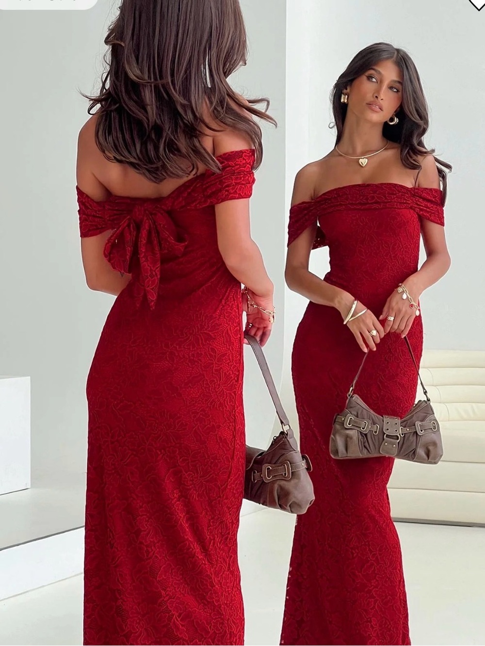 Princess Polly Off-Shoulder Crimson Lace Gown